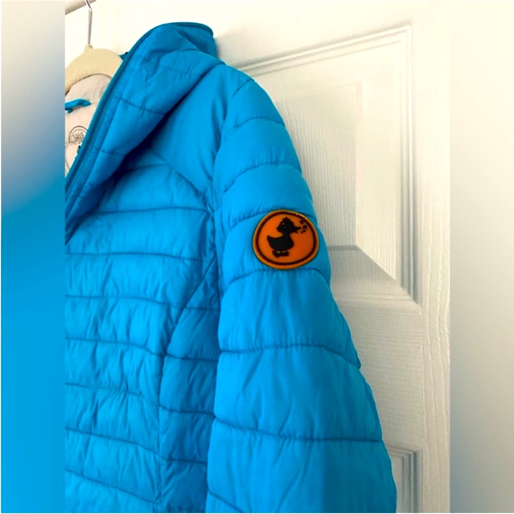 SAVE THE DUCK Women's Bright Blue Hooded Puffer Jacket - Picture 7 of 16